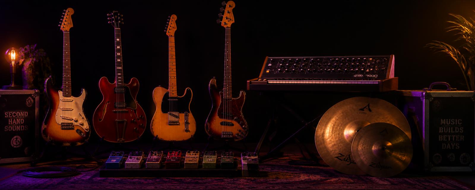 Second-hand guitars, bass, pedals, synth and cymbals